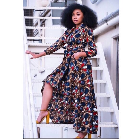 Ray Darten Omoefe African Print Wrap Jacket Dress Womens L Navy Red Ethnic Boho - Picture 12 of 12